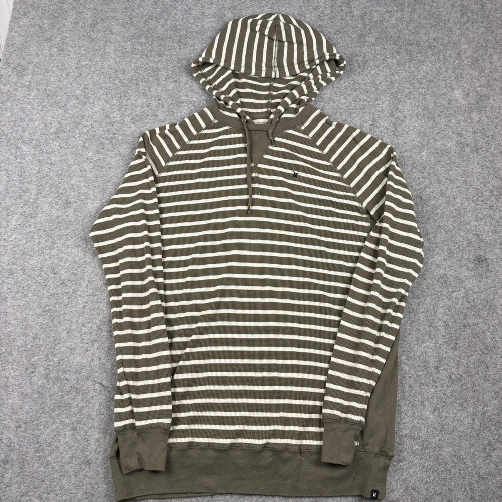 Hurley Hoodie Mens XL Olive Green Striped Thermal Waffle Knit Pullover Raglan